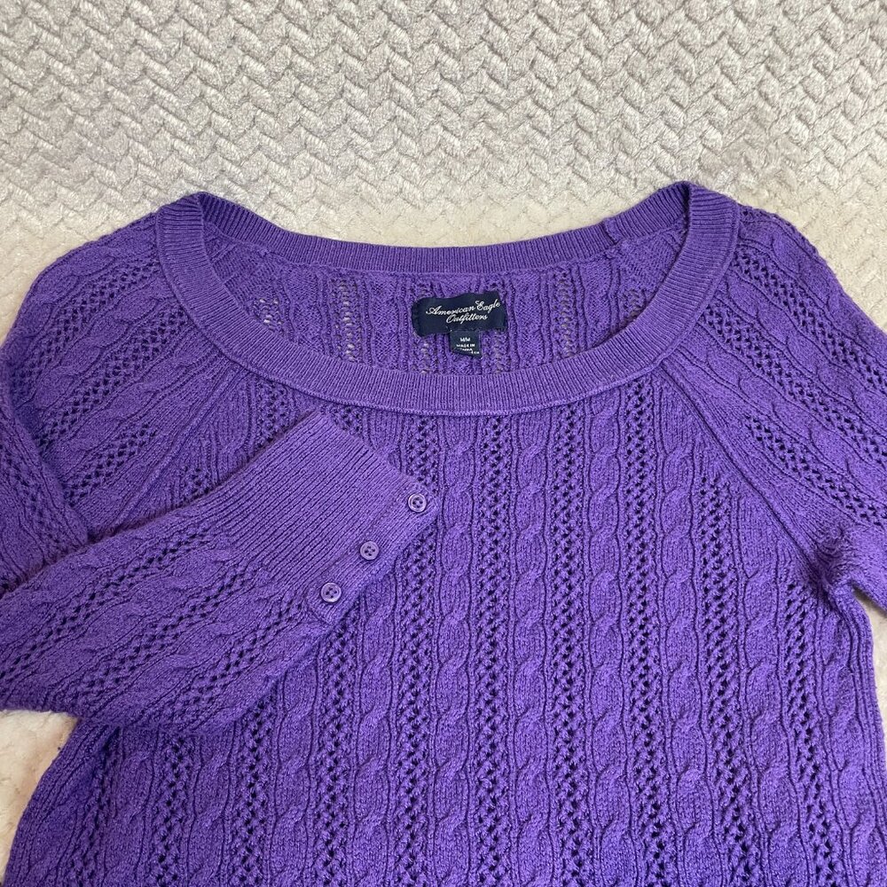 American Eagle Outfitters Y2K Style Purple Cable Knit 3/4 Sleeve Skinny Sweater - Picture 8 of 10